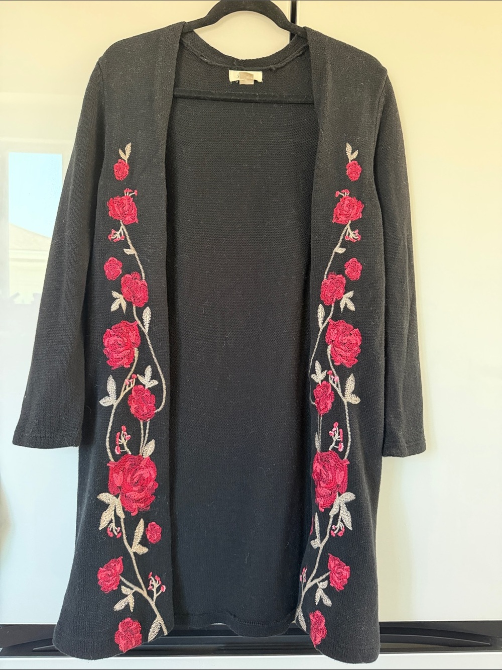 Style & Co. Black Open-Front Cardigan with Red Rose Embroidery